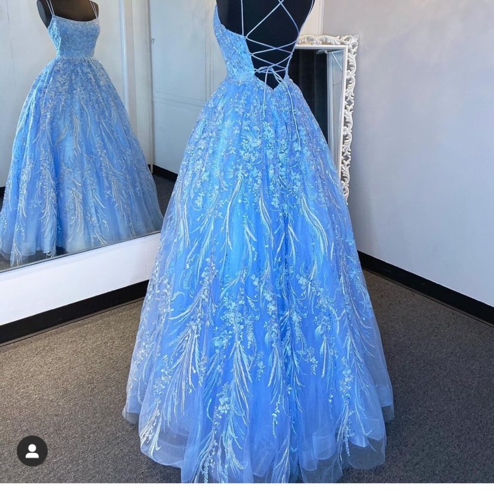 Blue Sherri Hill Gown Cinderella Prom Quinceanera Beaded Backless Floral Lace